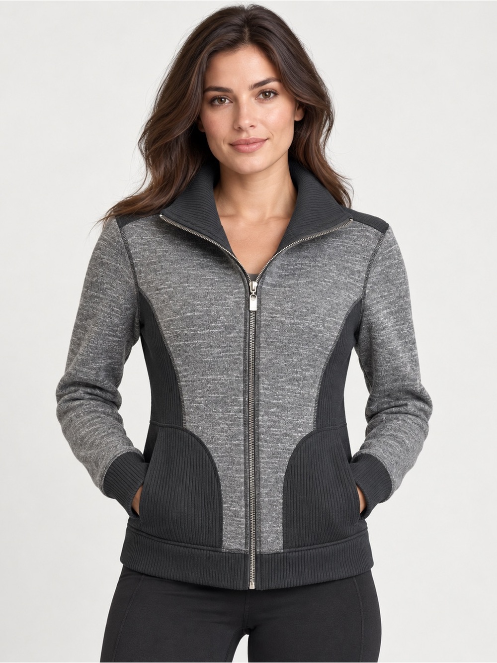 prAna Women’s Size L Gray Black Full Zip Knit Jacket Sweater Athletic Casual